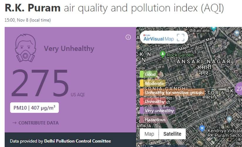 Air quality of RK Puram as reported on Airvisual.com at 3 pmon 8 November.