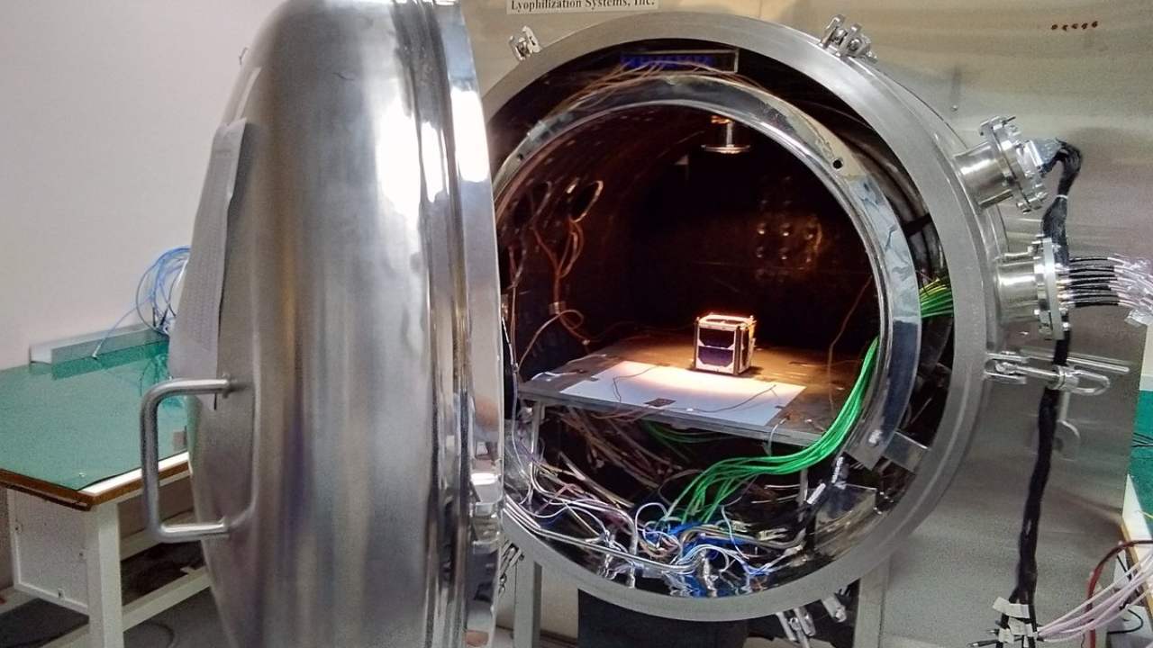 ExseedSAT during its developmental phase awaiting a 'bake test' in a thermovac chamber. Image courtesy: Twitter/Sanjay Nekkanti