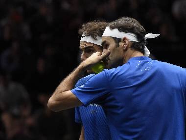 Roger Federer (right) and Rafael Nadal during the Laver Cup last year. AFP