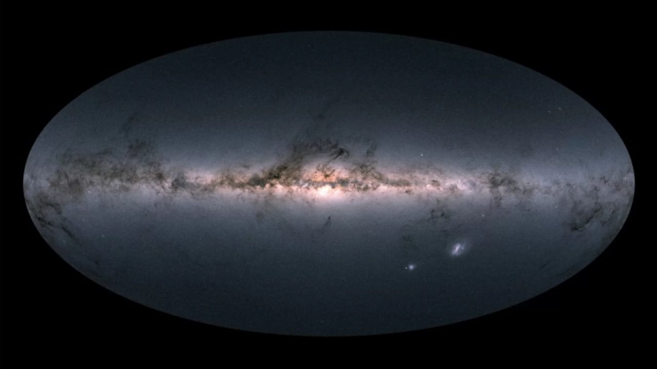This map made using Gaia's data shows nearly 1.7 billion stars in the best-ever view of the Milky Way and neighbouring galaxies in colour glory. Image courtesy: ESA