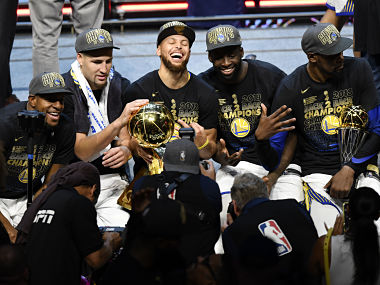 Jun 8, 2018; Cleveland, OH, USA; The Golden State Warriors celebrate after defeating the Cleveland Cavaliers in game four of the 2018 NBA Finals at Quicken Loans Arena. Mandatory Credit: David Richard-USA TODAY Sports - 10881633