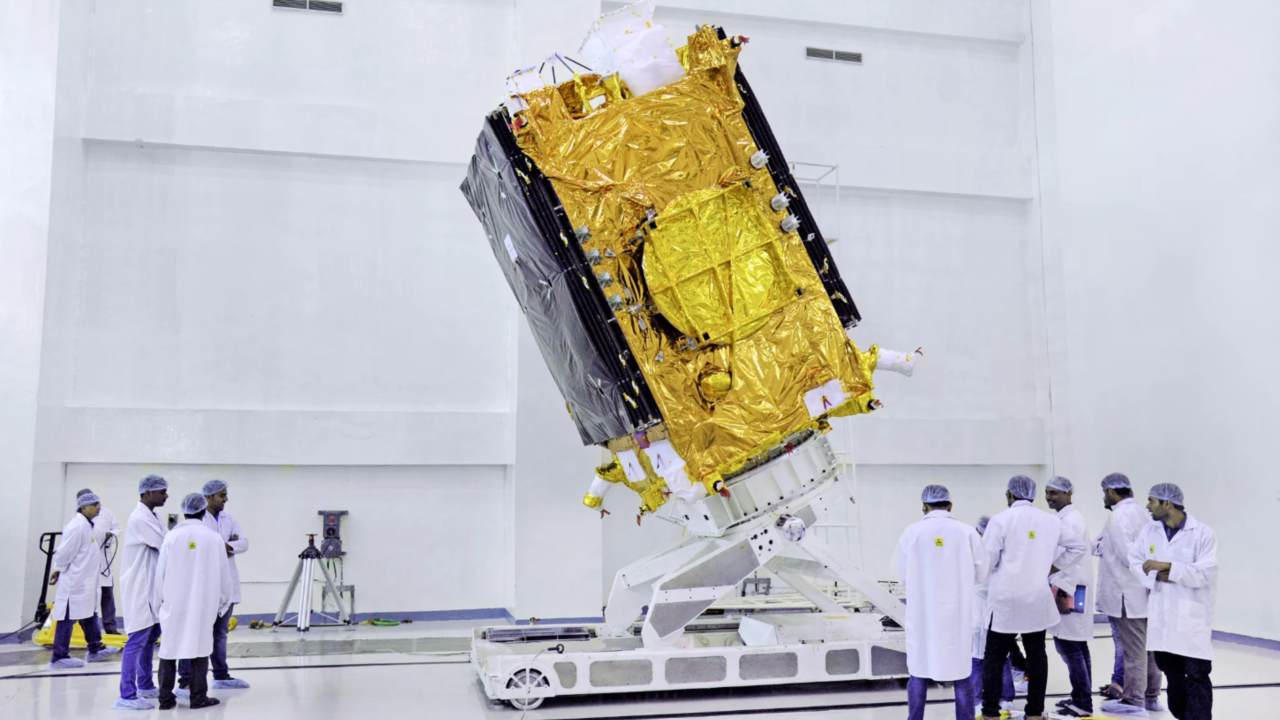 The GSAT-29 satellite being positioned for transport to ISRO's Sriharikota launchpad. Image courtesy: ISRO