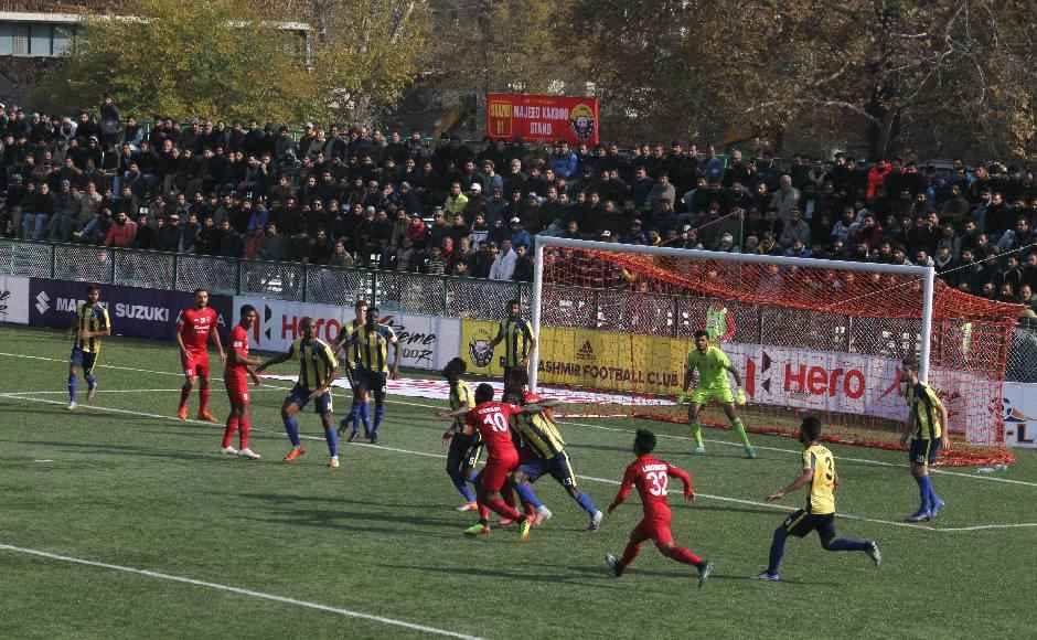 Churchill Brothers had their goalkeeper James Kithan sent off just before half-time, but they held on gamely despite the pressure from the home side. Image: Sameer Mushtaq Churchill Brothers had their goalkeeper James Kithan sent off just before half-time, but they held on gamely despite the pressure from the home side. Image: Sameer Mushtaq