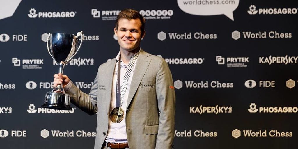 Reigning FIDE world chess champion Magnus Carlsen (right), defends his  title against US challenger Fabiano Caruana, during the first game of the  FIDE World Chess Championship at The College, Southampton Row in