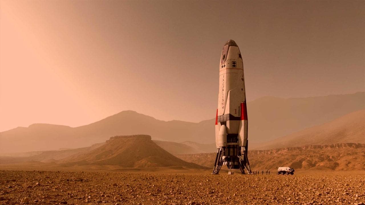 The Martian crew's Deadalus spacecraft standing tall on Martian rock. Image courtesy: National Geographic