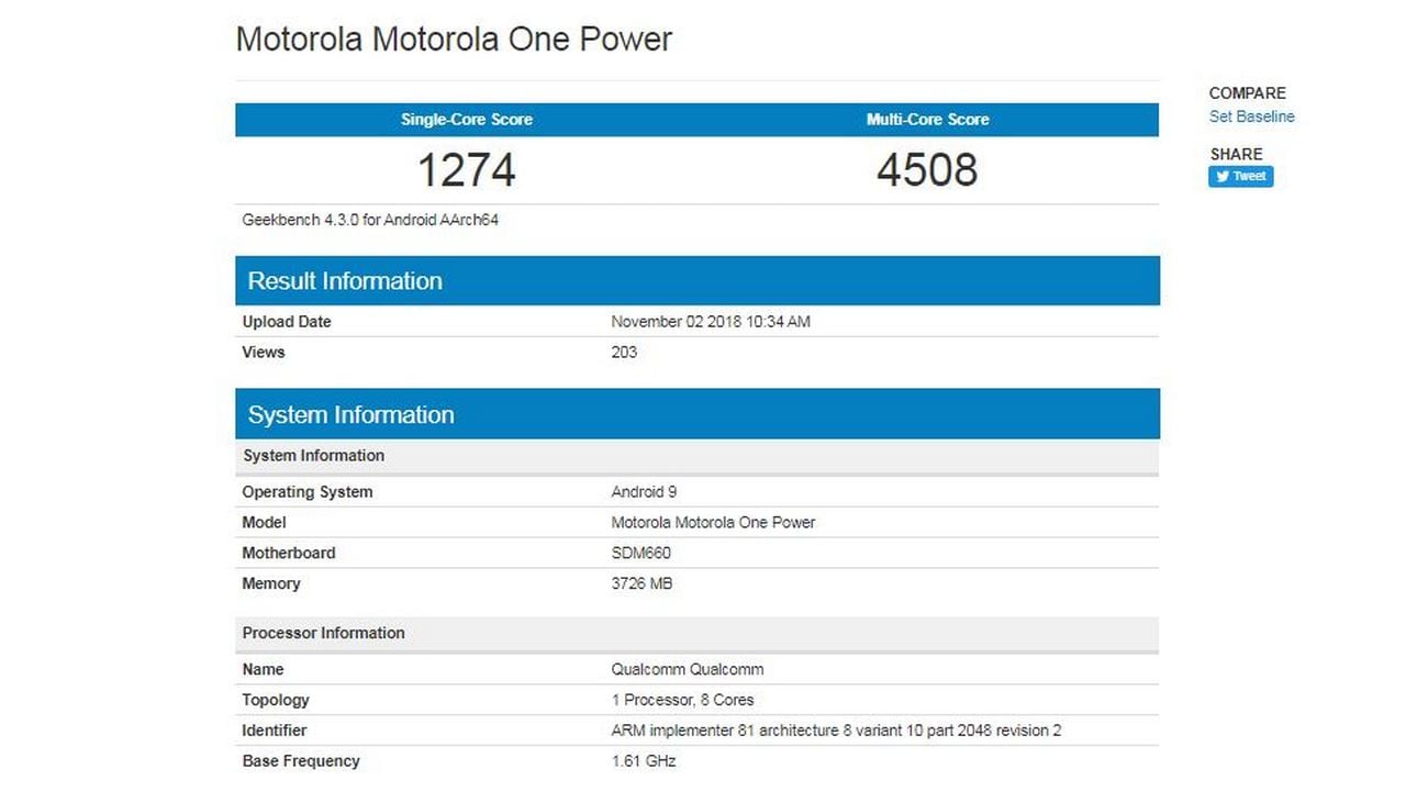 Moto One Power spotted on Geekbench running Android Pie. Image: Geekbench