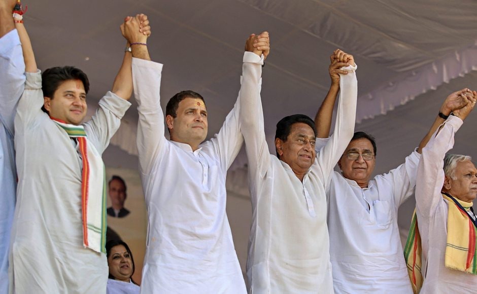 Rahul Gandhi was joined by Congress leaders Kamal Nath and Jyotiraditya Scindia during a public meeting at Ujjain's Dussehra Maidan. PTI Rahul Gandhi was joined by Congress leaders Kamal Nath and Jyotiraditya Scindia during a public meeting at Ujjain's Dussehra Maidan. PTI