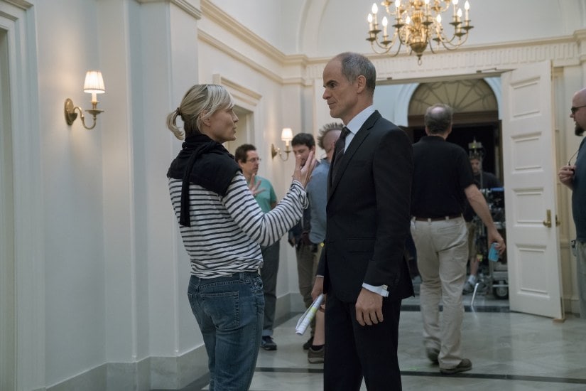 Robin Wright directing co-star Michael Kelly in the Season 6 finale of House of Cards. Netflix