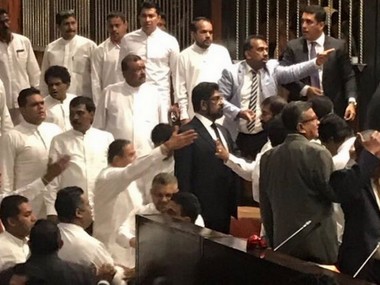 Chaos reigns in Sri Lanka Parliament as Mahinda Rajapaksa supporters clash with UNP MPs, threaten Speaker Karu Jayasuriya Chaos reigns in Sri Lanka Parliament as Mahinda Rajapaksa supporters clash with UNP MPs, threaten Speaker Karu Jayasuriya