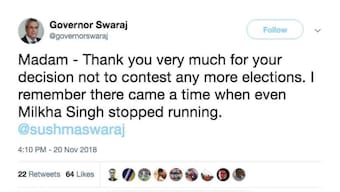 'Even Milkha Singh stopped running': Sushma Swaraj's husband Swaraj Kaushal thanks her deciding to skip 2019 polls
