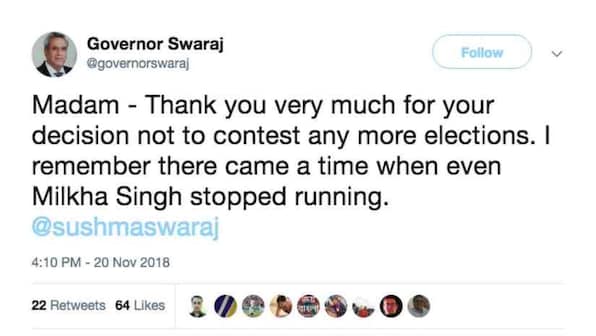 'Even Milkha Singh stopped running': Sushma Swaraj's husband Swaraj Kaushal thanks her deciding to skip 2019 polls
