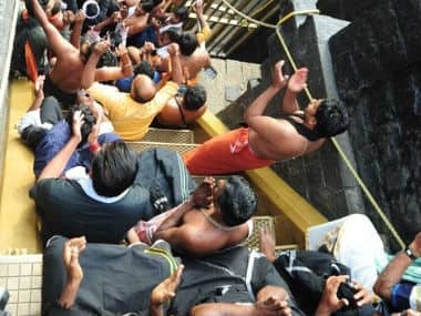 Protesters at the 18 Holy Steps in Sabarimala on Tuesday. Arun Mohan 