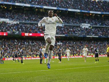 Real Madrid’s Vinicius Junior celebrates after scoring his side’s 1st goal against Real Valladolid. AP Photo