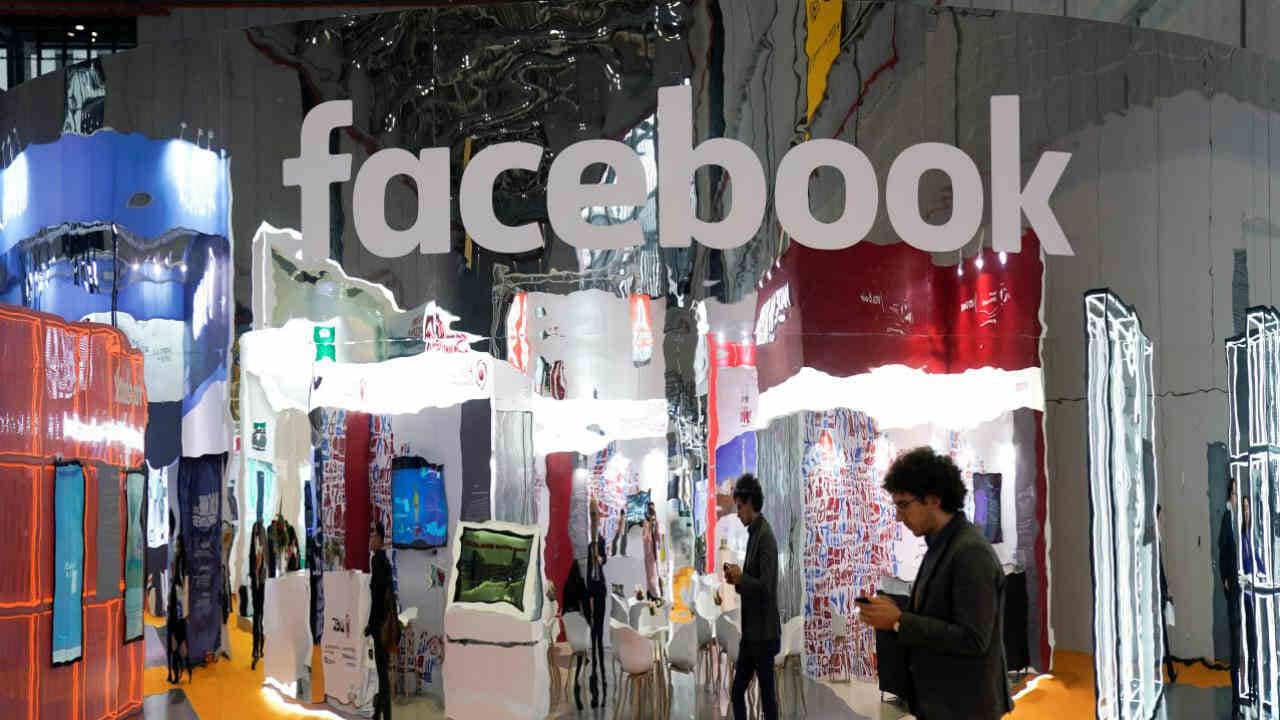 A Facebook sign at the National Exhibition and Convention Center in Shanghai. Image: Reuters