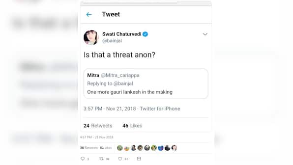 'Gauri Lankesh in the making': Twitter troll threatens journalist Swati Chaturvedi, who says Centre 'doesn't even pretend to probe' such cases