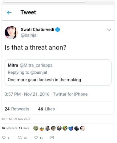 'Gauri Lankesh in the making': Twitter troll threatens journalist Swati Chaturvedi, who says Centre 'doesn't even pretend to probe' such cases