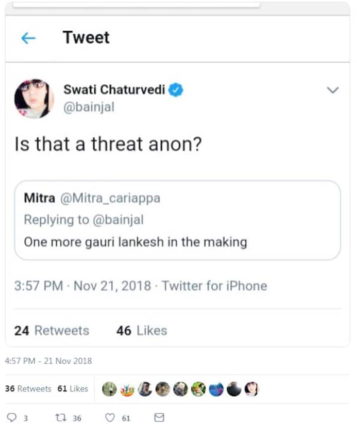 'Gauri Lankesh in the making': Twitter troll threatens journalist Swati Chaturvedi, who says Centre 'doesn't even pretend to probe' such cases