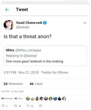 'Gauri Lankesh in the making': Twitter troll threatens journalist Swati Chaturvedi, who says Centre 'doesn't even pretend to probe' such cases 'Gauri Lankesh in the making': Twitter troll threatens journalist Swati Chaturvedi, who says Centre 'doesn't even pretend to probe' such cases