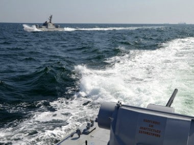 In this file photo taken and distributed by Ukrainian Navy Press, two Ukrainian forces navy ships are seen near Crimea. AP