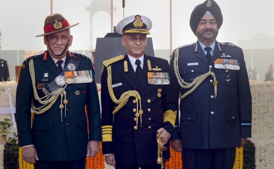 Chief of Army Staff General Bipin Rawat, Sunil Lanba and Chief of Air Staff Air Chief Marshal BS Dhanoa on the occasion of Navy Day at Amar Jawan Jyoti, India Gate, New Delhi. PTI Chief of Army Staff General Bipin Rawat, Sunil Lanba and Chief of Air Staff Air Chief Marshal BS Dhanoa on the occasion of Navy Day at Amar Jawan Jyoti, India Gate, New Delhi. PTI