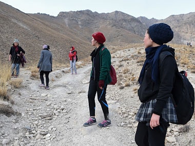 Afghan members of the all-female Free to Run group hike during a training session at the Haje Nabi hilltop on the outskirts of Kabul. AFP