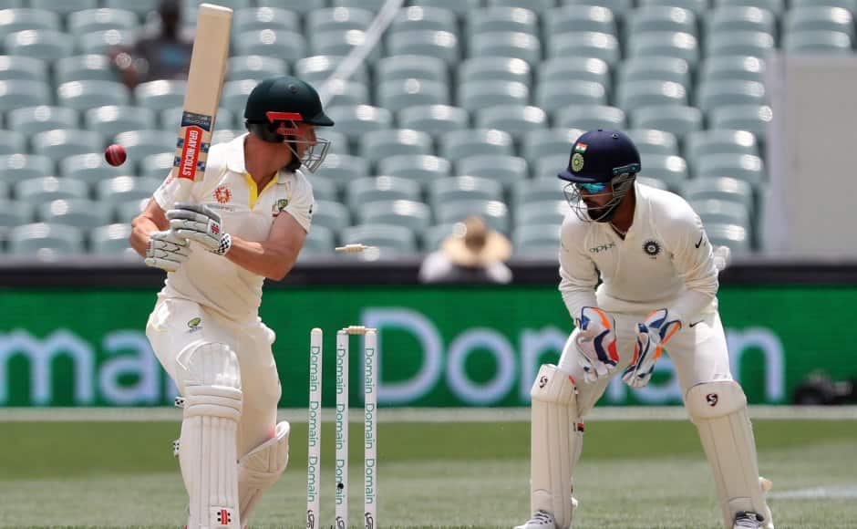 Shaun Marsh’s poor Test run continues after he drags one back on his stumps for 2. AP