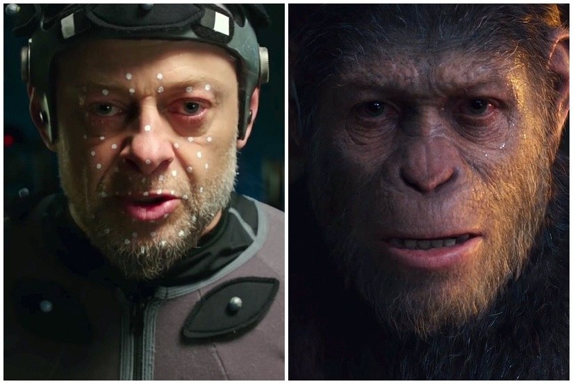 Andy Serkis (L) shown wearing performance-capture gear to craft Caesar's movements in War for the Planet of the Apes. 20th Century Fox