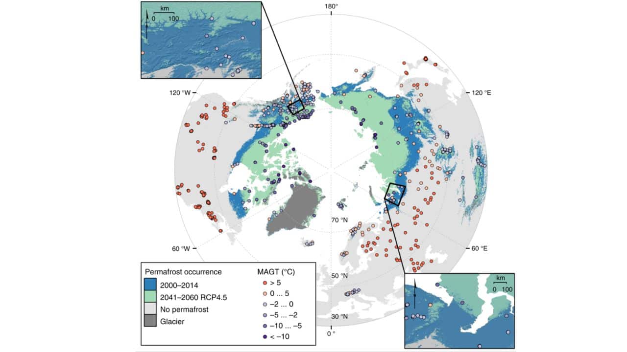 A map of thawing artic permafrost over temperature and time. Image courtesy: Nature