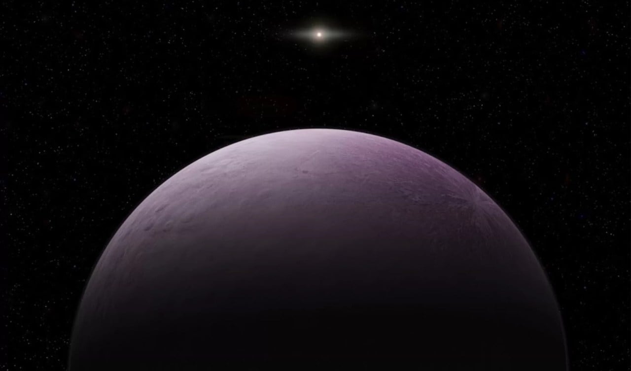 Artist's concept of the newly discovered object 2018 VG18, nicknamed Farout, which researchers think is likely a pinkish dwarf planet. At 120 AU, the object is the farthest body ever found in the solar system. Image credit: Carnegie Institute of Science