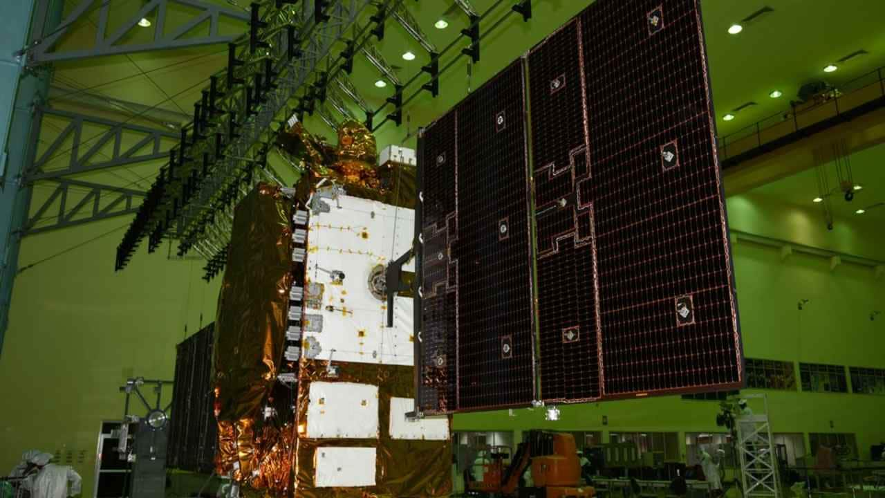 The miliary communications satellite GSAT-7A with its solar panelled opened up. Image courtesy: ISRO 