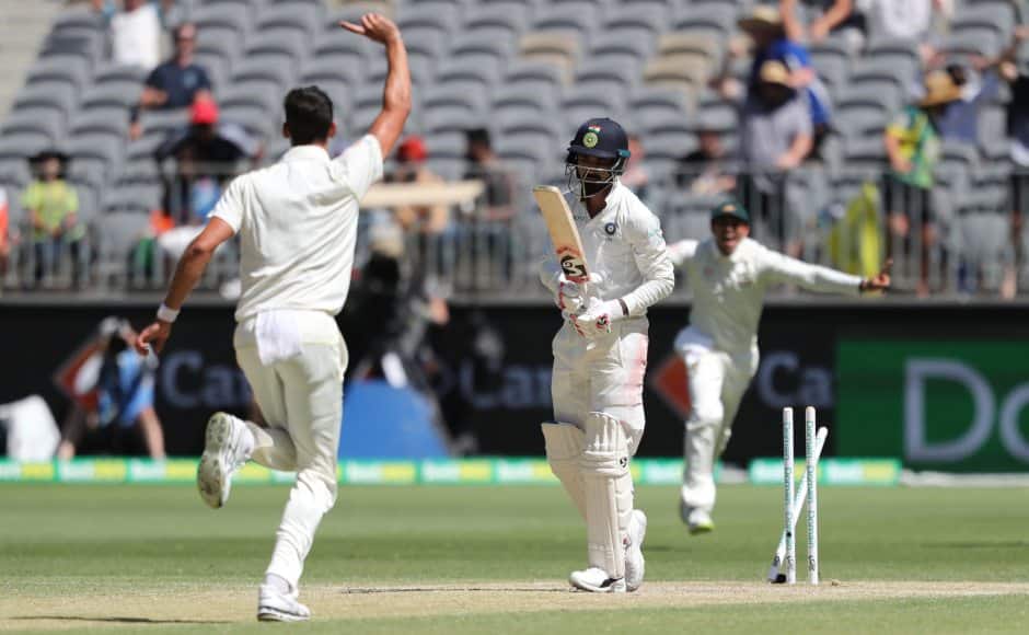 India’s chase got off to the worst possible start as Mitchell Starc dismissed opener KL Rahul for a duck. AP