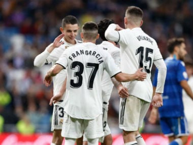 Real Madrid players celebrate after entering the last-16. Twitter: @realmadrid