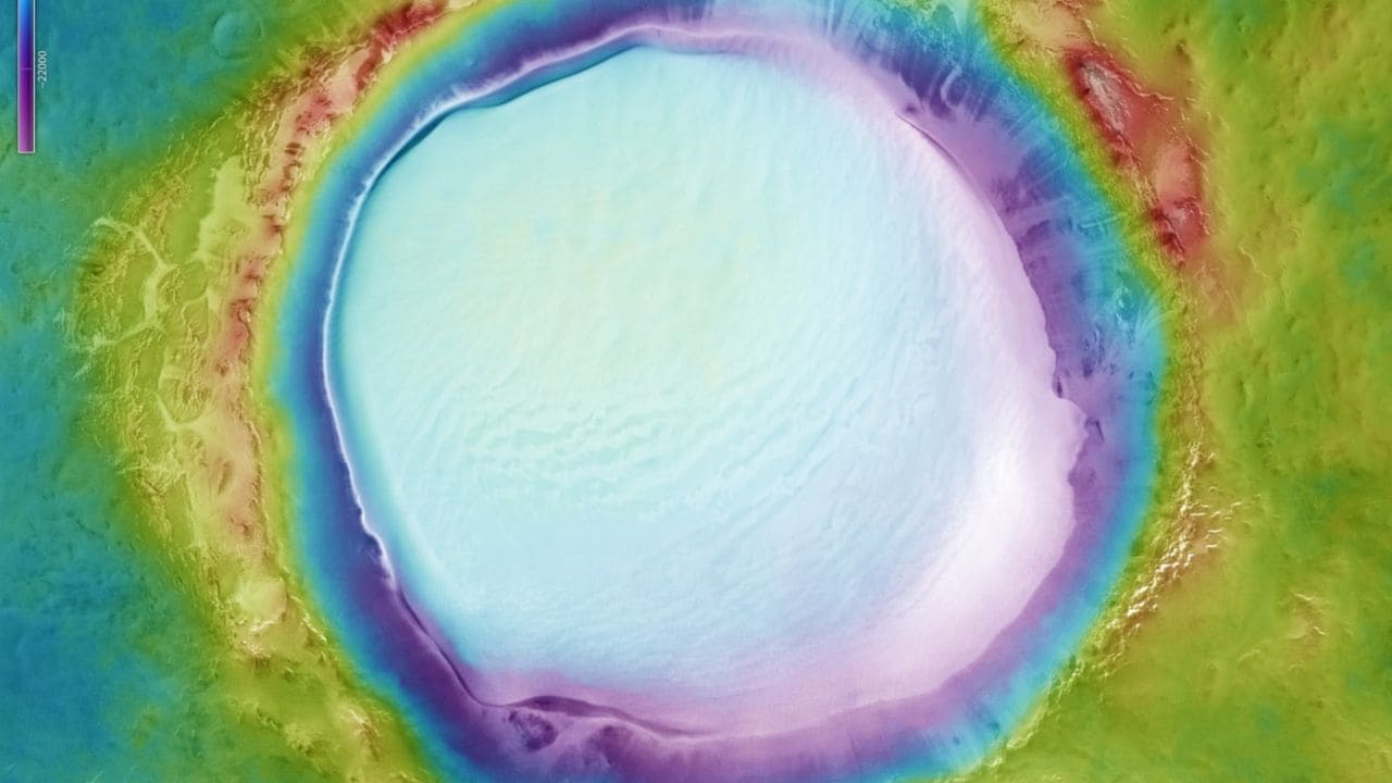 A colour-coded view showing the relative heights of the terrain in and around the Korolev crater. Image: ESA