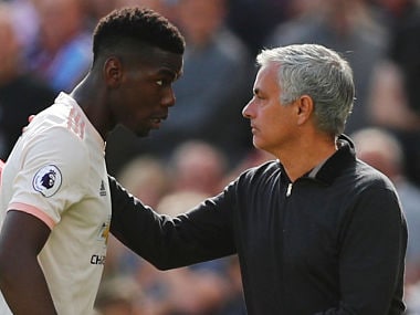 Soccer Football - Premier League - West Ham United v Manchester United - London Stadium, London, Britain - September 29, 2018 Manchester United's Paul Pogba with manager Jose Mourinho after being substituted off REUTERS/Eddie Keogh EDITORIAL USE ONLY. No use with unauthorized audio, video, data, fixture lists, club/league logos or "live" services. Online in-match use limited to 75 images, no video emulation. No use in betting, games or single club/league/player publications. Please contact your account representative for further details. - RC1568CF8AA0