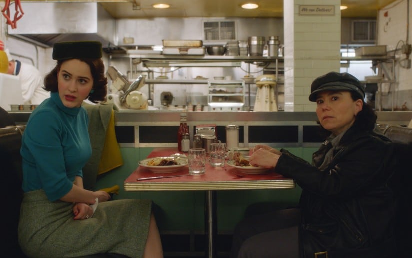 Miriam "Midge" Maisel (Rachel Brosnahan) and Susie Myerson (Alex Borstein) discuss business over breakfast in an archetypal 1950s diner. Amazon Prime Video