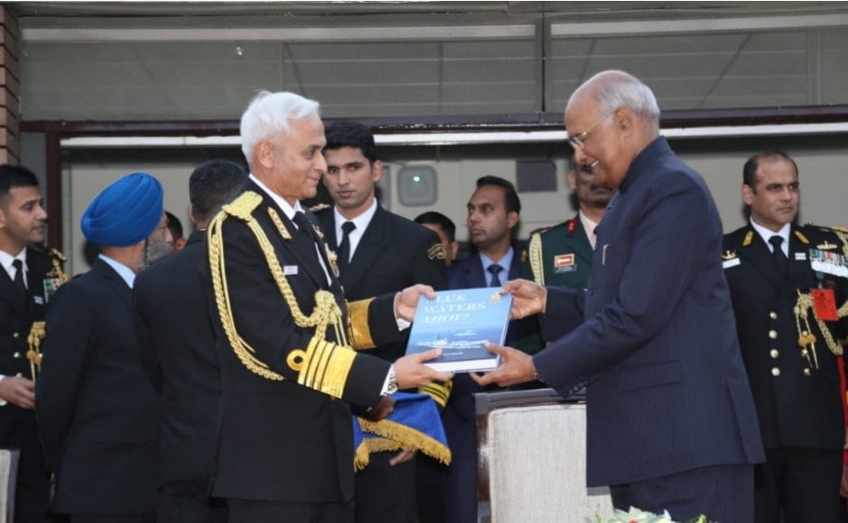Chief of Naval Staff Admiral Sunil Lanba released a book 'Blue Waters Ahoy', chronicling the history of Indian Navy from 2001-2010. The unveiling was part of Navy Day reception at the Navy House in presence of President Ram Nath Kovind at Rashtrapati Bhavan, Delhi. Image courtesy: Twitter/@HQ_IDS_India Chief of Naval Staff Admiral Sunil Lanba released a book 'Blue Waters Ahoy', chronicling the history of Indian Navy from 2001-2010. The unveiling was part of Navy Day reception at the Navy House in presence of President Ram Nath Kovind at Rashtrapati Bhavan, Delhi. Image courtesy: Twitter/@HQ_IDS_India