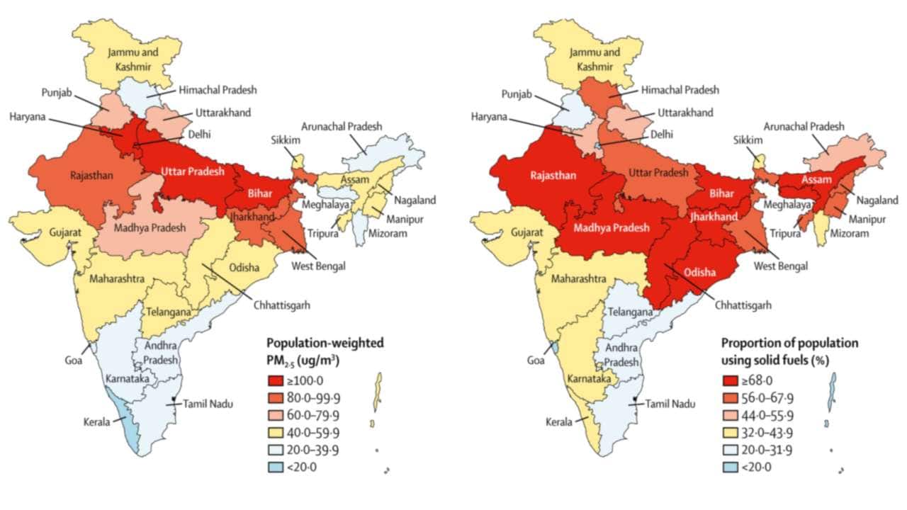 PM 2·5 concentration and use of solid fuels in different states_2017_Left_Population-weighted mean ambient air PM2·5_Right_Proportion of population using solid fuels. Image: Lancet Planetary Health