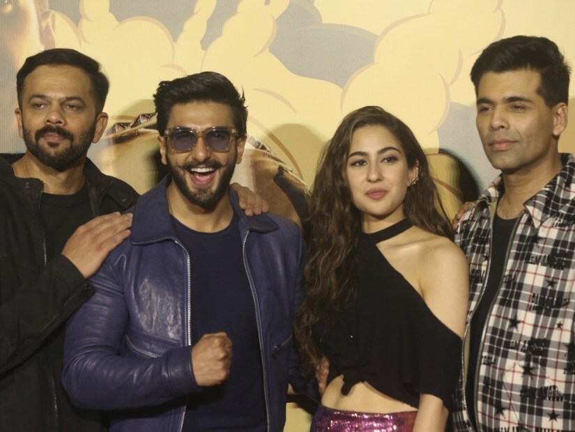 Rohit Shetty, Ranveer Singh, Sara Ali Khan and Karan Johar during Simmba promotions. Image via Twitter