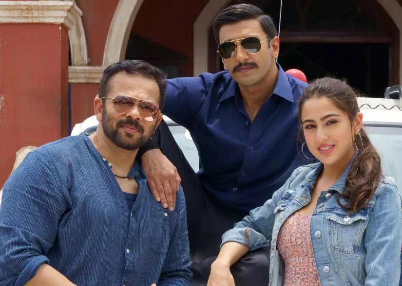 Simmba director Rohit Shetty with his stars Ranveer and Sara Ali Khan. Image via Twitter