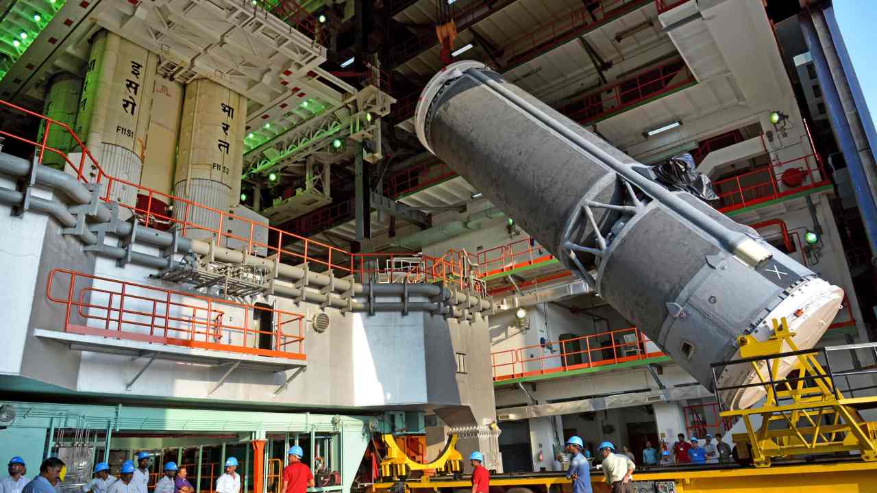 The GSLV-F11 middle stage being lifted during assembly. Image courtesy: ISRO