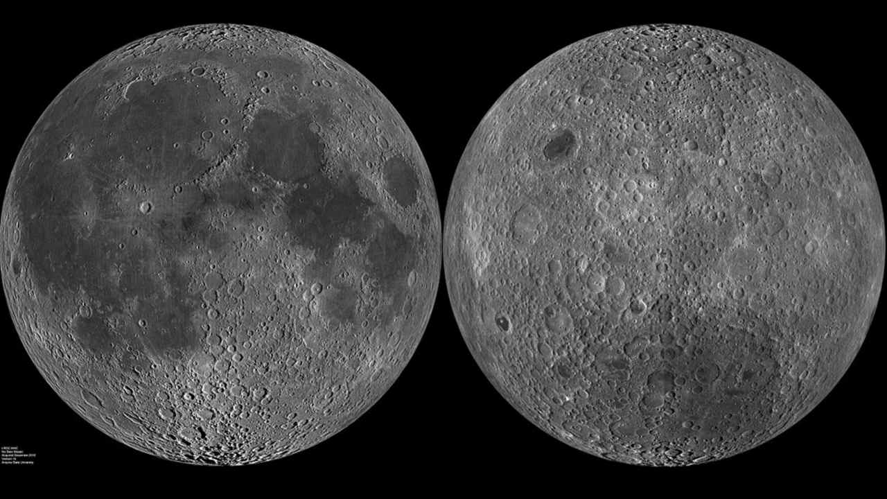 The near side (left) and far side (right) of the Moon. The far side has very little maria (plains) due to its relatively thicker, uneven crust. Image courtesy: Wikipedia