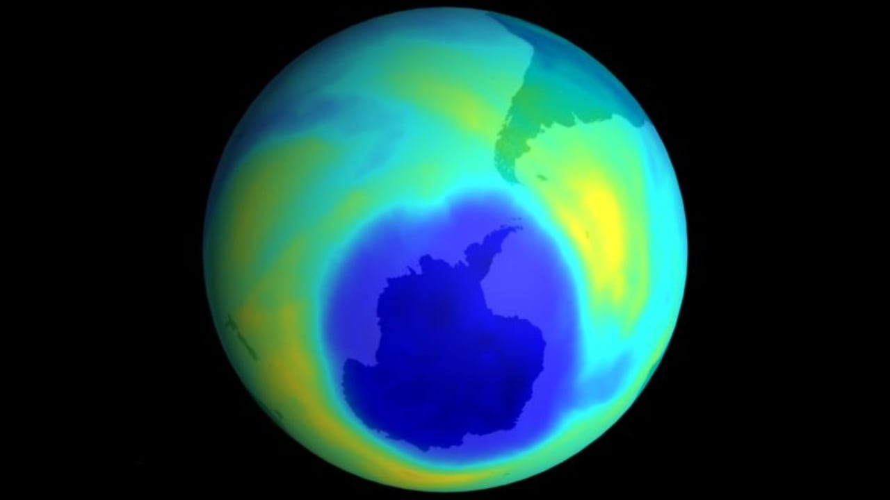 This image of the southern hemisphere generated from data NASA gathered on the ozone hole at the turn of the century shows the size of the ozone hole over Antarctic in 2001. Image credit: NASA