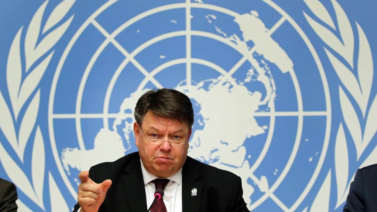 World Meteorological Organization Secretary-General, Petteri Taalas, at a press conference in Geneva, Switzerland, on 29 November, 2018. Reuters