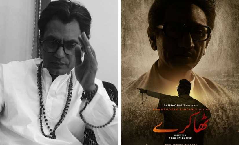 Nawazuddin Siddiqui as Balasaheb Thackeray; poster of Thackeray. Images from Twitter/@pratikspande and @MuVyz
