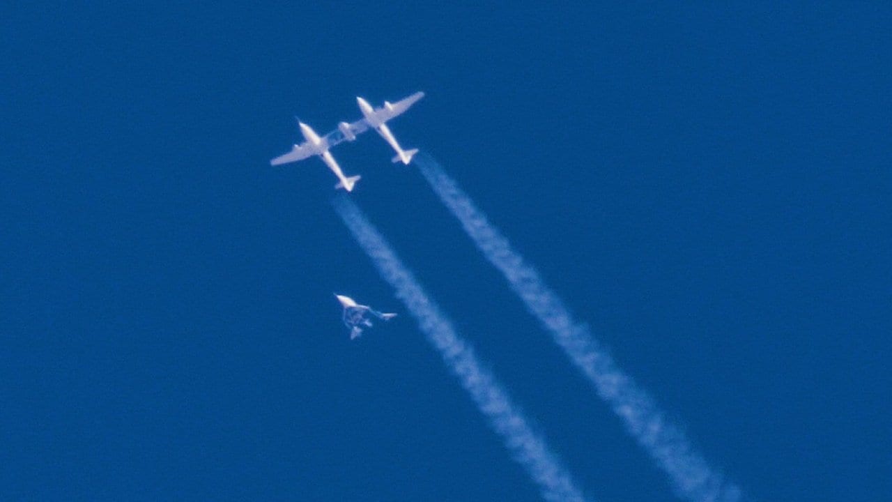 In this Jan. 11, 2018 photo provided by Virgin Galactic, the VSS Unity is released from the WhiteKnightTwo aircraft during a gliding test for SpaceShipTwo near Mojave, Calif. The spaceship isn’t launched from the ground but is carried beneath the special aircraft to an altitude around 50,000 feet (15,240 meters). There, it’s released before igniting its rocket engine and climbing. (Virgin Galactic via AP)