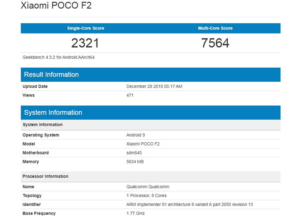 Xiaomi POCO F2 benchmark listing. Image: Geekbench