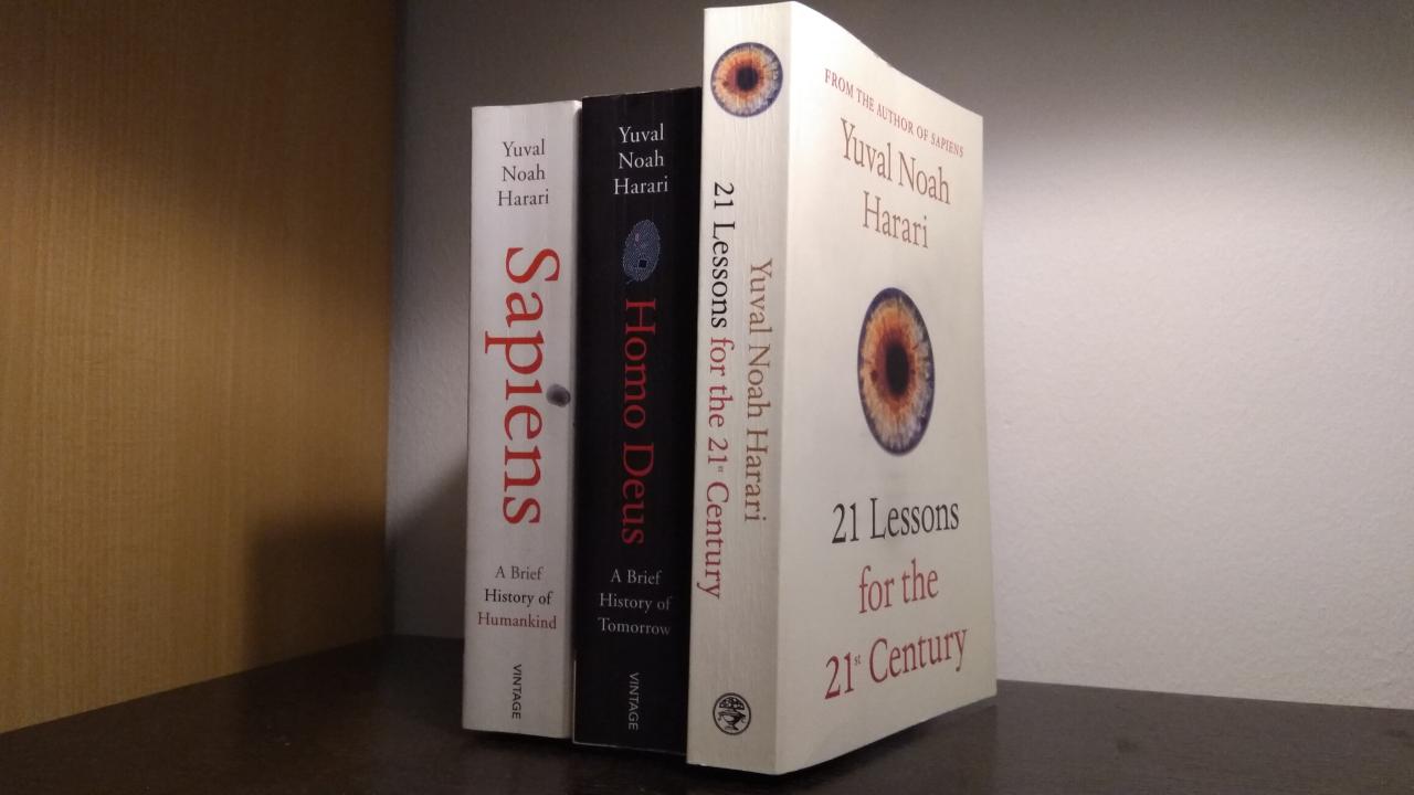 Professor Yuval Noah's first, second and latest books on display. Image courtesy: PHI Republic
