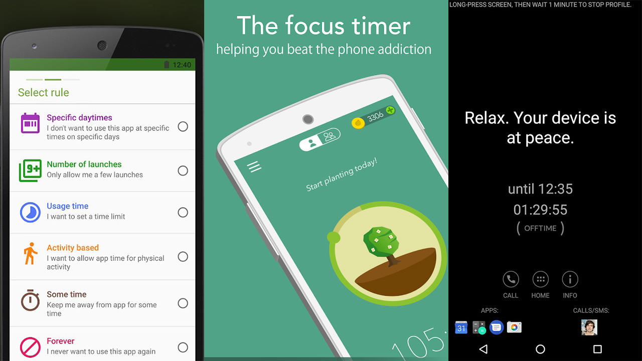 Screenshots from AppDetox, OffTime and Forest app