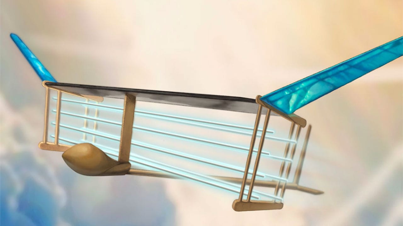 A new MIT plane is propelled via ionic wind. Batteries in the fuselage (tan compartment in front of plane) supply voltage to electrodes (blue/white horizontal lines) strung along the length of the plane, generating a wind of ions that propels the plane forward. Image: MIT