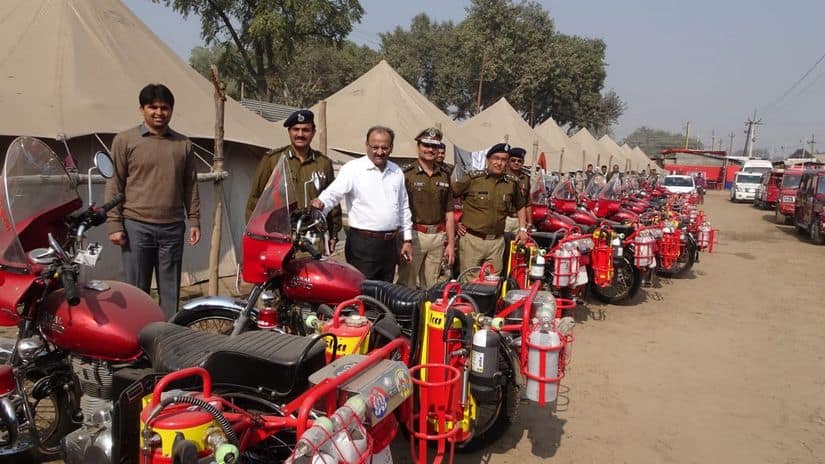 Authorities inspect fire bikes at the Kumbh Mela ground. Image Courtesy: Saurabh Sharma